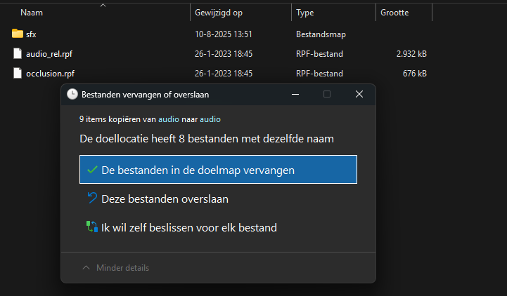 Windows toont de optie De bestanden in de doelmap vervangen