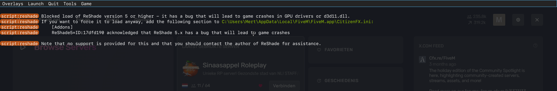 FiveM toont de melding Blocked load of ReShade version 5 or higher