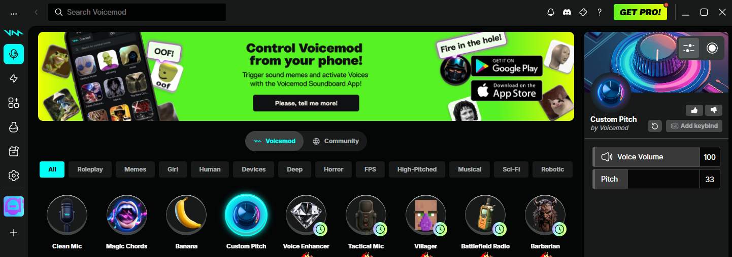 Voicemod met Custom Pitch geselecteerd en de Pitch-instelling zichtbaar